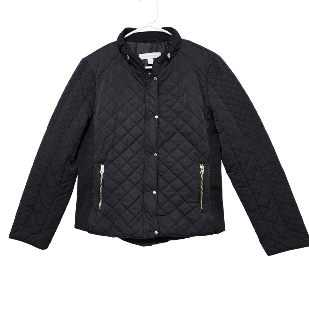 NY&Co Black Quilted Bomber Jacket Gold Zip Mixed Media Women Medium Moto Puffer‎